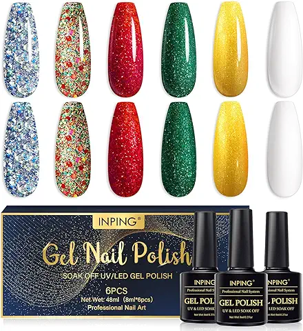 INPING Esmalte Semipermanente Pastel Navideño,6 Color Pastel rojo Verde Oro Blanco Brillante Gel Otoño Esmaltes Semipermanentes de Uña UV para Principiantes Mujeres Navidad Halloween 8ml DIY  