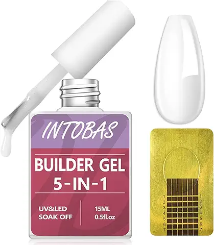INTOBAS 5 en 1 Kit Gel de Uñas Constructor, Gel para Uñas Lechoso, Builder Gel para Uñas con 100 Formas, Rubber Base,Fortalecedor y Decoración-15ml  