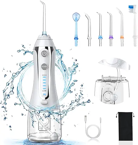 Irrigadores Bucales Portátil, Irrigador Dental con 6 Boquillas 5 Modos, IPX7 Impermeable, Lavado Pulsado Profesional, Recargable para Viaje Hogar  