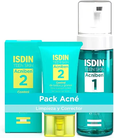 ISDIN ACNIBEN Pack Rutina Facial Limpiador Purificante Espuma y Gel Crema Control de Brillos y Granos. Cuidado Diario Facial de las Pieles Grasas o con Tendencia Acneica, Prevención del Acné  