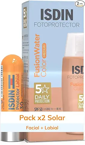 Isdin Fotoprotección Pack Fusion Water Color Medium SPF 50, Protector Solar Facial de Color, Ultraligero y Antioxidante, 50 ml y Protector Labial SPF 30 que Protege, Repara e Hidrata 4 g  
