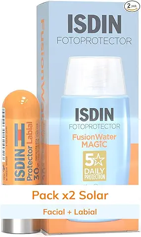 Isdin Fotoprotección Pack Fusion Water MAGIC SPF 50, Protector Solar Facial de Textura Ultraligera y Fase Acuosa 50 ml y Protector Labial SPF 30 que Protege, Repara e Hidrata los Labios 4 g  