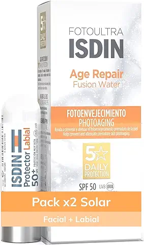 Isdin Fotoultra Pack Age Repair SPF 50, Protector Solar Facial Antiedad con Ácido Hialurónico y Textura Ultraligera, 50 ml y Protector Labial SPF 50 para Condiciones Extremas 4 g  