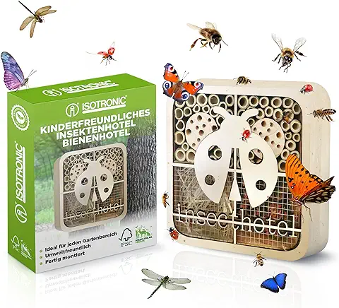 ISOTRONIC Hotel para Insectos, casa de Insectos Ecológica para Mariquitas, Abejas y Otros Insectos en el Jardín - Hotel de Abejas de Madera Natural (mariquita)  