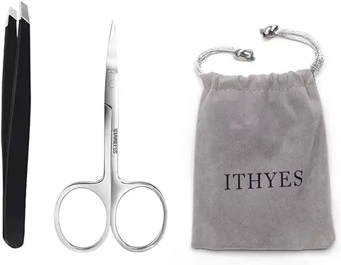 Ithyes Juego Completo de 2 Pinzas de Punta Inclinada de Acero Inoxidable para Cejas, Tijeras de Corte de Cejas para Forma de Precisión, pelo Encarnado, Nariz, Cabello, Color Negro  
