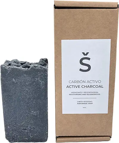 Jabón de Carbón Activo Natural - Jabon de Manos, Cuerpo, y Cara Limpiador Acné, Piel Grasa, Pastilla Sólida Ecológica y Artesanal, Fabricado en España, Vegano y Sin Aceite de Palma (100 g)  