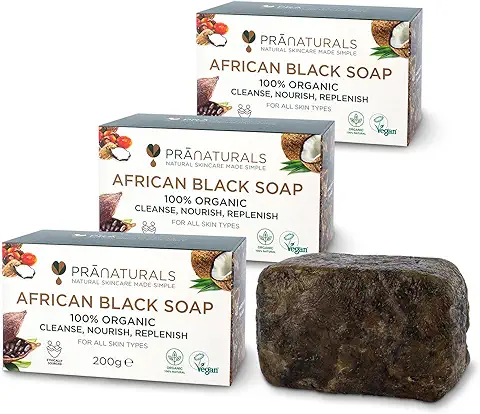 Jabón de PreNaturals, Africano, Orgánico, Natural, 3 x 200 g, Color Negro, Hecho éticamente en Ghana, para Todos los Tipos de piel  