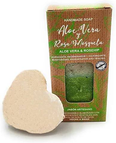 Jabón Natural Aloe Vera y Rosa Mosqueta Para Manos, Cuerpo y Cara |Piel Sensible |Mujer, Hombre y Adolescente, Pastilla Sólida Artesanal, Sin Aceite de Palma, Hecho en España 100gr. Esponja Konjac  