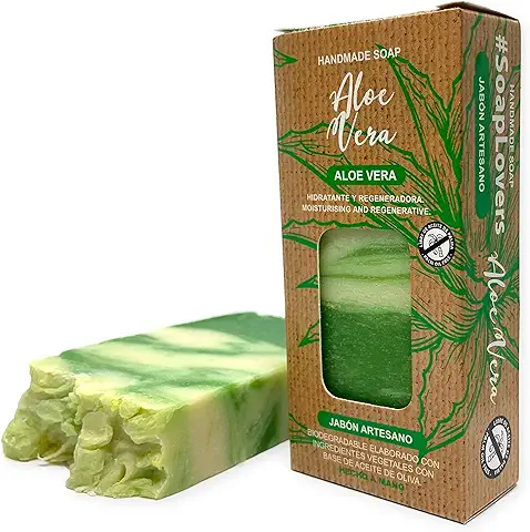 Jabón Natural de Aloe Vera - Jabon de Manos, Cuerpo, y Cara Hidratante y Regeneradora, Pastilla Sólida Ecológica y Artesanal, Fabricado en España, Vegano y Sin Aceite de Palma (100 g)  