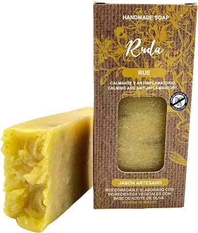 Jabón Natural de Ruda Cero Waste | Jabón de Manos, Cuerpo y Cara Hidratante y Calmante Antiacné | Pastilla Jabón Ecológica Artesanal | Fabricado en España | Vegano | Sin Aceite de Palma (100 g)  