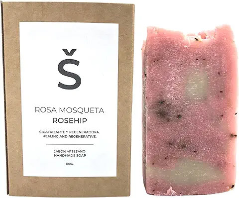 Jabón Rosa Mosqueta para Cicatrices | Para Manchas, Granos, Cicatrices | Jabón de Manos, Cuerpo y Cara | Pastilla Jabón Artesanal (100 g).  