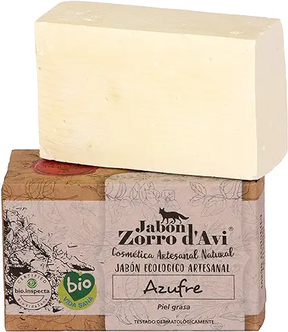 Jabón Zorro D’Avi | Jabón Natural Ecológico de Azufre | 120 gr | para Pieles Grasas y Seborreica | Jabón Biodegradable Zero Waste | Control del Acné | Fabricado en España  