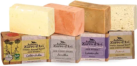 Jabón Zorro D’Avi | Pack Regalo 4 Jabones | Jabones Naturales Ecológicos de Caléndula, Arcilla, Lavanda y Avena | 4 x 120 gr | Jabón Biodegradable Zero Waste | Fabricado en España  