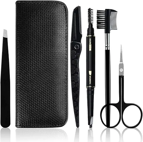 JamBer Juego de 5 Piezas de aseo de Cejas, Pinzas, Tijeras Curvadas de Acero Inoxidable, Cepillo de Cejas, Moldeador de Cejas, Lápiz de Cejas con Estuche Negro, kit de Cejas para Hombres y Mujeres  