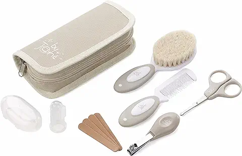Jané Set de Higiene Basic con Neceser, Peine, Cepillo Cerdas Naturales, Tijeras, Cortauñas, Limas y Cepillo Dental Silicona  