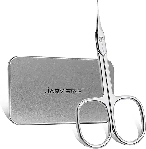 JARVISTAR Tijeras para cutículas con afilado extrafino en acero templado Tijeras de manicura con superficie de corte curvada Tijeras de uñas para restos de cutículas, cejas, pestañas, 9,3 cm