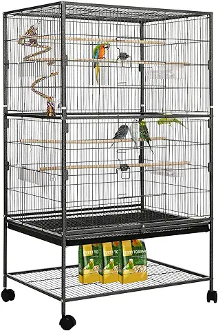 Jaula para Pájaros, Jaula Pajaros Grande con 4 Ruedas Giratorias, 2 Puertas 4 Comederos 4 Perchas, Rejilla Extensible, para Loros Canarios Periquitos, Negro Metal Jaula Pajaros, 132 x 78 x 52CM  