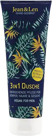 Jean & Len 3en1 Men Ducha Extractos Marinos & Pepino, Cuidado Refrescante para Cuerpo, Cabello y Rostro, para piel Seca, con Pro-vitamina B5, sin Parabenos ni Siliconas, Vegano, 250 ml  