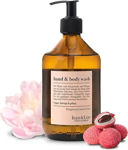 Jean & Len Hand & Body Wash Peony & Lychee, Limpia y Cuida la Piel, Fragancia Floral Delicada, gel de Ducha y Jabón, sin Parabenos, Siliconas ni Microplásticos, Vegano, Botella de Vidrio 500 ml  