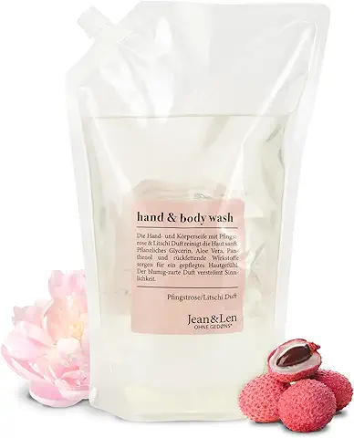 Jean & Len Hand & Body Wash Peony & Lychee, Limpia y Cuida la Piel, Fragancia Floral Delicada, Jabón Líquido en Envase de Recambio, sin Parabenos, Siliconas ni Microplásticos, Vegano, 1,5L  
