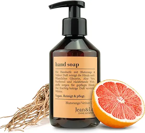 Jean & Len Jabón de Manos Naranja Sanguina y Vetiver, Jabón Líquido en Dispensador para Manos Limpias y Cuidadas, Aroma Afrutado y Amaderado, sin Parabenos, Siliconas ni Microplásticos, Vegano, 250 ml  