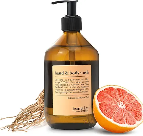 Jean & Len Jabón de Manos y Cuerpo Naranja Sanguina y Vetiver, Aroma Afrutado y Amaderado, gel de Ducha y Jabón, sin Parabenos, Siliconas ni Microplásticos, Vegano, Botella de Vidrio 500 ml  