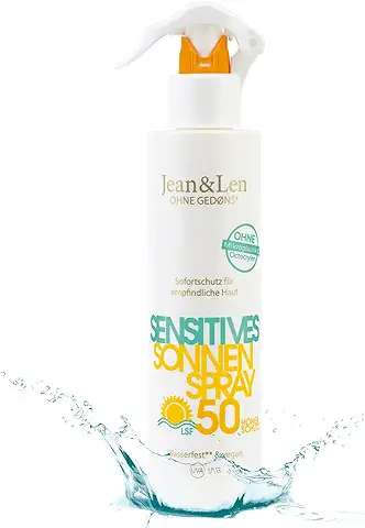 Jean & Len Sensitive Sun Spray 50 SPF Resistente al Agua, apto para Pieles Sensibles, sin Siliconas, Octocrileno, Fragancias ni Microplásticos, Vegano, Frasco Pulverizador 250 ml  