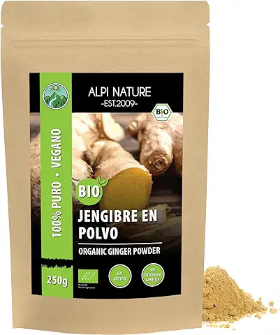 Jengibre en polvo orgánico (250g), jengibre molido de cultivo orgánico controlado, jengibre en polvo, 100% natural, sin aditivos, sin gluten, sin lactosa, probado en laboratorio, vegano