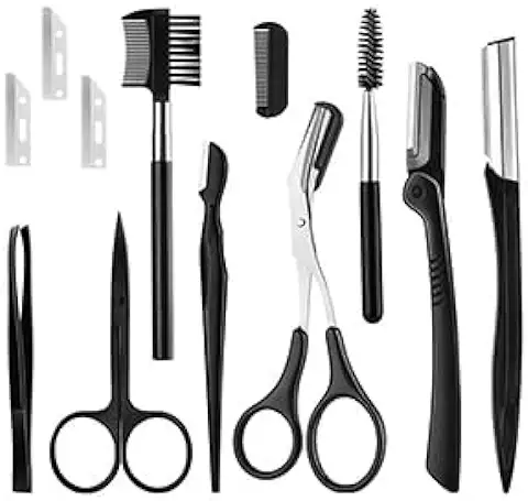JIAMIAN Juego de 6 Piezas Para Recortar Cejas Con Pinzas, Tijeras, Maquinilla De Afeitar Cepillo, Pinzas Profesionales De Acero Inoxidable Para Depilar Cejas (12Negro)  
