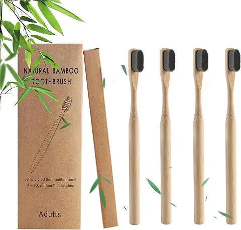 JIEYUCHU Cepillos de Dientes de Bambú, Cerdas Suaves Naturales, Paquete de 4 de Dientes Suave Cepillo de Dientes de Nano con 20,000 Cerdas, para el Hogar y el Viaje (Negro)  