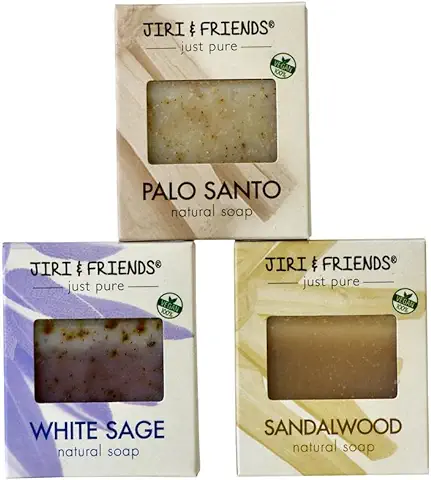 Jiri & Friends - Pack de 3 Jabones Naturales 100% Veganos - Palo Santo, Salvia Blanca y Sándalo - Baño Aromático de Lujo - Hecho a Mano | Hidratante | Delicia Limpiadora  