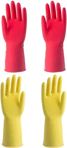 JITNGA 2 Pares Guantes Limpieza Guantes Goma Reutilizables Para Cocina Guantes Lavar Platos Hogar Impermeables Flexibles Y Duraderos (Rojo, Amarillo)  
