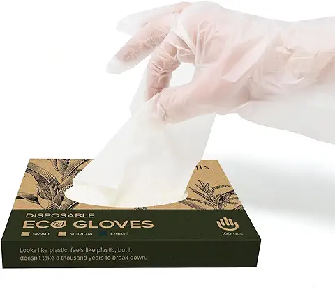 Joeji's Kitchen 100 Guantes Desechables Ecológicos y Biodegradables – Tamaño Grande – Almidón de Maíz sin Látex – Compostable y Seguro Food Prep Gloves  