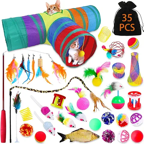 JOTOL Juguetes Gat,35pcs Juguete para Gato con Túnel,Juguetes para Gatos Interactivos Juegos Gatito,Pescado,Ratón,Pluma,Pelota,Palo de Gato Divertido,Kit de Juguetes Interactivos para Gatos  