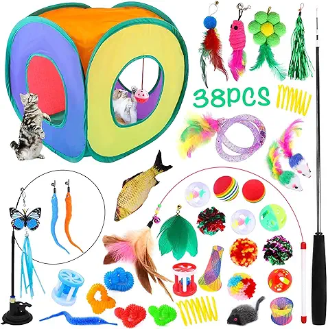 JOTOL Juguetes para Gatos,38pcs Juguete Interactivo para Gato,Juguetes Gatos con Túnel para Gatos,Ratones,Varita de Plumas,Peces,Bolas y Campanas  