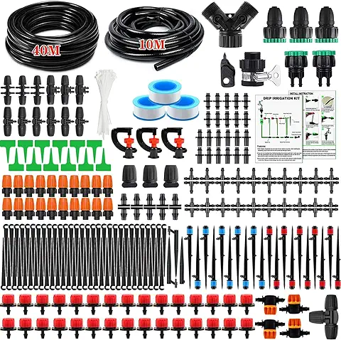 JOTOL Sistema de Riego de Jardín,40+10m Kit de Riego por Goteo,Kit Riego con Ajustable Boquilla Aspersor Pulverizador y Gotero Automatico para Jardín,Invernadero,Césped,Maceta  