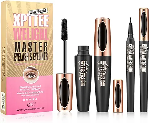 Joyeee Mascara Eyeliner Set, 4D Silk Fiber Eyelash Mascara y Liquid Eyeliner, Pestañas Voluminosas más Gruesas, Kit de Maquillaje de ojos Resistente al agua a Prueba de Manchas de Larga Duración(05)  