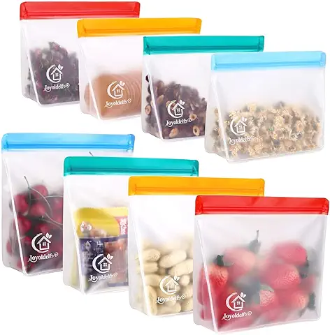 Joyoldelf Bolsas Silicona Reutilizables Verticales, 8PCS PEVA, Bolsas Herméticas para Congeladores, Ideal para Fruta Verduras Carne Sándwich y Líquida  