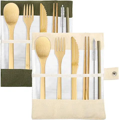 Juego de 2 Cubiertos de Bambú SourceTon, Cubiertos Reutilizables, Cuchara de Bambú, Tenedor, Cuchillo, Cepillo, Palillos y Pajita, Utensilios Portátiles Ecológicos con Funda  