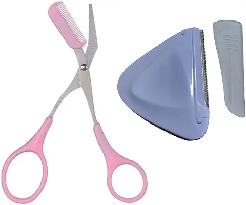 Juego de 2 Tijeras para Cejas, Juego de Cuidado de Cejas, Tijeras de Moldear con Peine, Cepillo, hoja Triangular, Afeitadora Facial (rosa y Morado)  