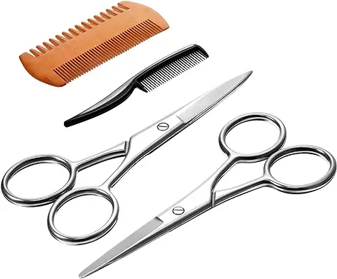 Juego de 4 Piezas de Tijeras de Barba, Tijeras de Aseo para Hombres y Peine de Barba Kit de Tijeras de Aseo de Barba con Bolsa de Almacenaje (Estilo 1)  