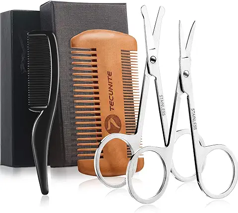 Juego de 4 Piezas de Tijeras de Barba, Tijeras de Aseo para Hombres y Peine de Barba Kit de Tijeras de Aseo de Barba con Bolsa de Almacenaje (Estilo 2)  