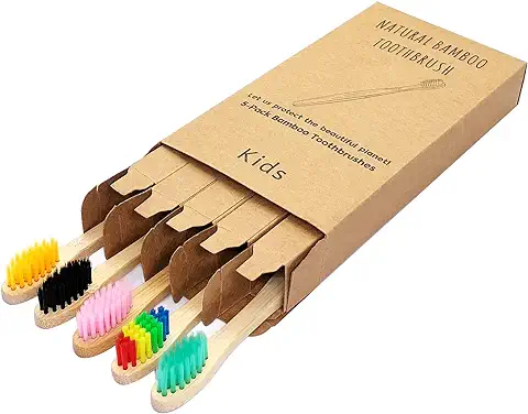 Juego de 5 Cepillos de Dientes de Bambú para Niños, Mango de Madera Natural Vegano, Respetuoso con el Medio Ambiente (5 Unidades de Colores Mixtos)  