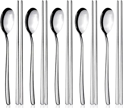 Juego de 5 Pares de Palillos y Cucharas, YFWOOD 10 Piezas de Palillos y Cucharas Coreanos de Acero Inoxidable, Reutilizables, Metal Plano, Mango Largo, para el Hogar, la Cocina o el Restaurante  