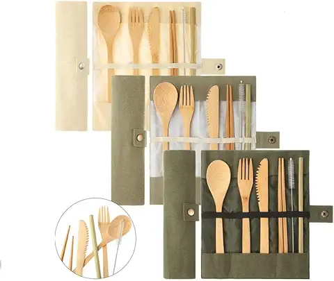 Juego de Cubertería de Bambú (verde) | Cubiertos de Viaje | Cubiertos Respetuosos con el Medio Ambiente | Cuchillo, Tenedor, Cuchara, Palillos y Pajitas | Cubertería de Madera | Cubertería para Viaje  