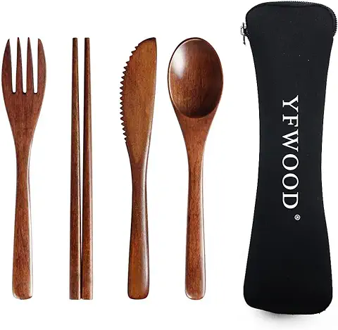 Juego de Cubiertos de Madera, 4 Piezas de Cubiertos Reutilizables de Estilo Japonés con 1 Cuchara, 1 Tenedor, 1 Palillo, 1 Cuchillo de Madera con Bolsa, Cubiertos de Viaje para Cocina, Hogar, Oficina  