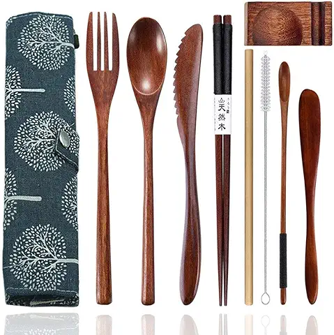 Juego de Cubiertos de Madera Portátil, Reutilizable, Utensilios de Bambú de Madera, Utensilios de Viaje, Cubiertos con Funda, 9 Piezas de Cubiertos de Madera  