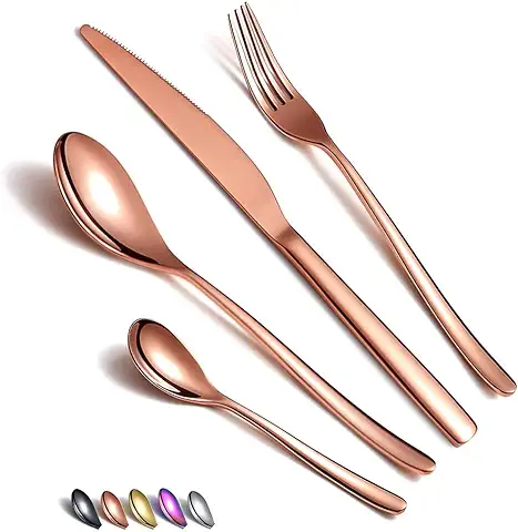 Juego de cubiertos de oro rosa 24 piezas, juego de cubiertos de cobre de acero inoxidable, juego de cubiertos de oro rosa chapado en titanio, juego de utensilios de servicio para 6 (cobre brillante)