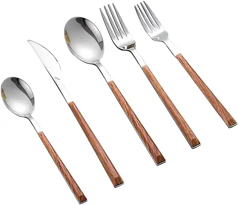 Juego De Cubiertos Flatware Set 5, Acero Inoxidable, Espejo Pulido, Diseño De Mango De Madera De Imitación, Vajilla Para El Hogar, Hotel, Restaurante (15PCS)  