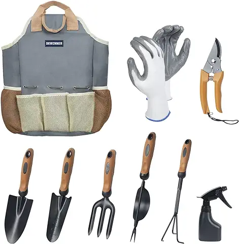 Juego de Herramientas para Jardín 8Pcs, DEWINNER Set Jardineria Adulto, Kit de Jardinería Bolsa de Jardín, Tijeras Podar,Pala Jardinería,Guantes,fácil Almacenamiento  